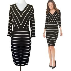 White House Black Market Striped Slimming Sheath Dress V-neck Size 12 3/4 Sleeve